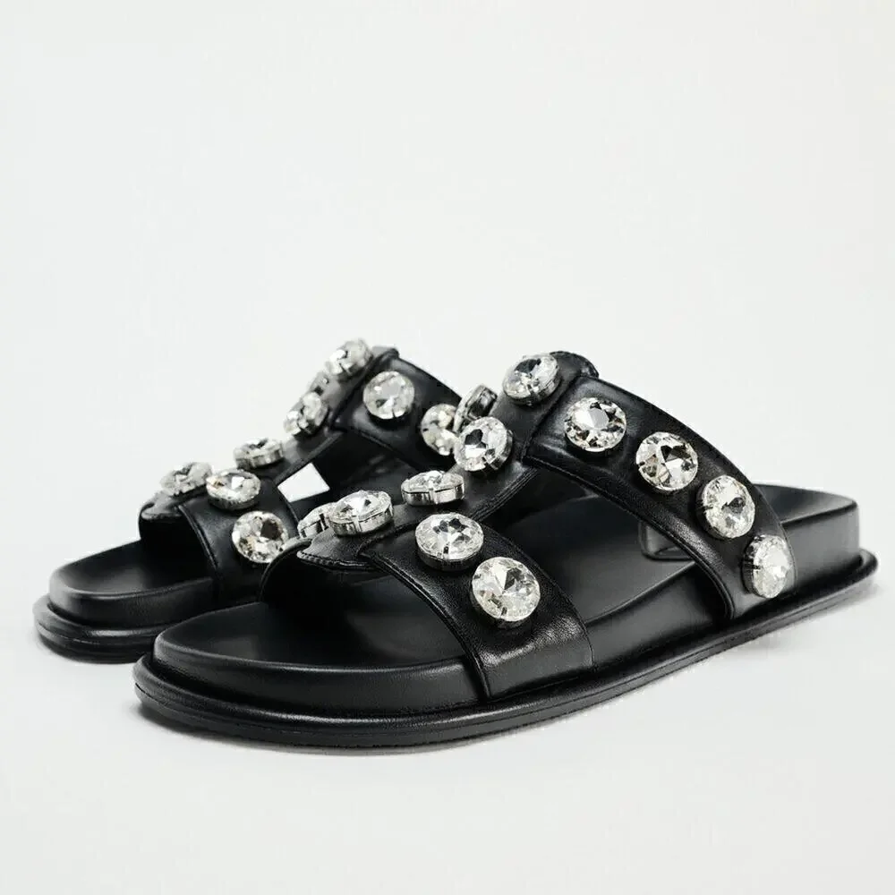 ZARA Black Crystal Embellished Flat Sandals NWT Double Strap Gem Slides Size 7.5 - Picture 14 of 16
